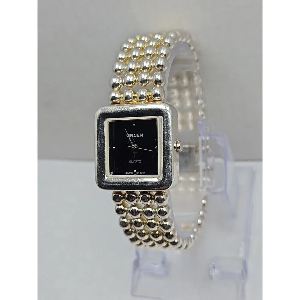 Gruen Womens Square Black Dial Quartz Watch Silver Bead Bracelet New Battery